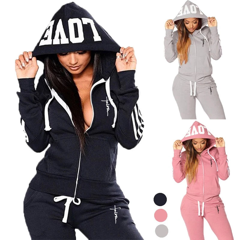 Womens Fashion Hoodie + Sweatpants 2-Piece Sweat Suits Tracksuits Hooded Jogging Sports Suits Baseball Uniforms Track Suits