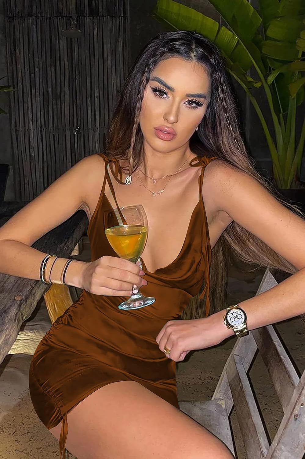 Sexy Dress for Women Sleeveless Spaghetti Strap Backless Bodycon Drawstring Ruched Evening Party Night Club Midi Dresses
