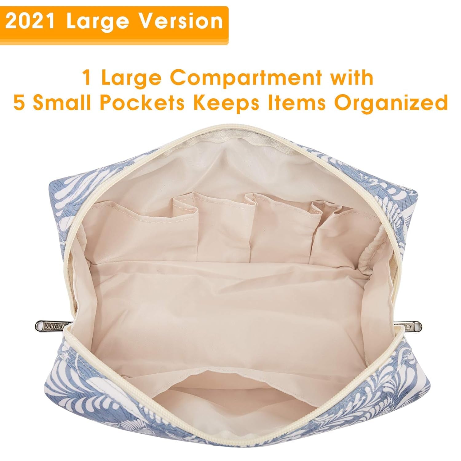 Cute Makeup Bag Travel Cosmetic Bag Organizer Toiletry Bag Make up Bags with Compartments for Women Girls (Large, Blue Leaf)