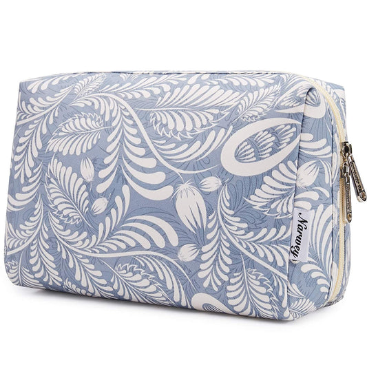 Cute Makeup Bag Travel Cosmetic Bag Organizer Toiletry Bag Make up Bags with Compartments for Women Girls (Large, Blue Leaf)